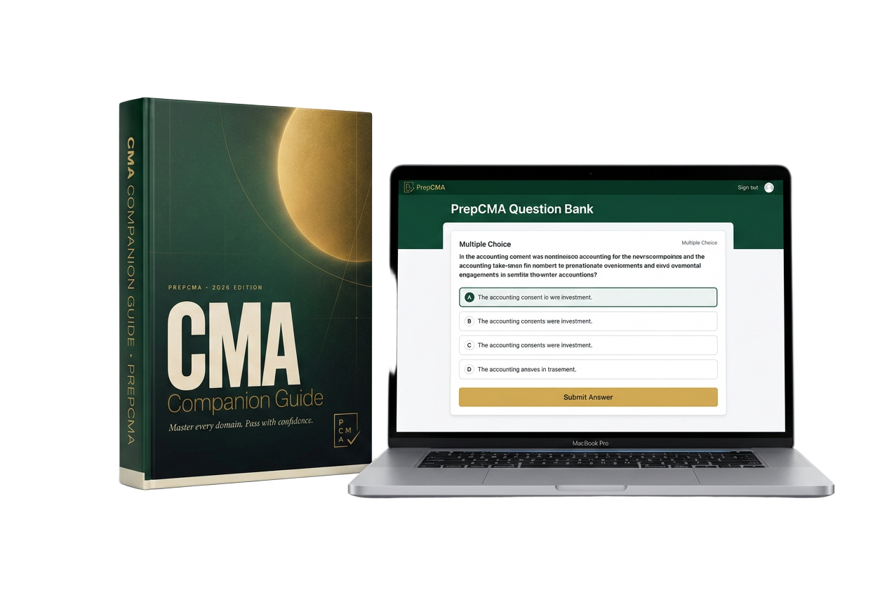 PrepCMA Companion Guide open to a worked-example page on revenue recognition