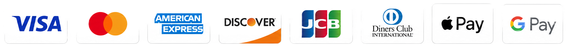 Accepted payment methods: Visa, Mastercard, American Express, Discover, JCB, Diners Club, Apple Pay, Google Pay